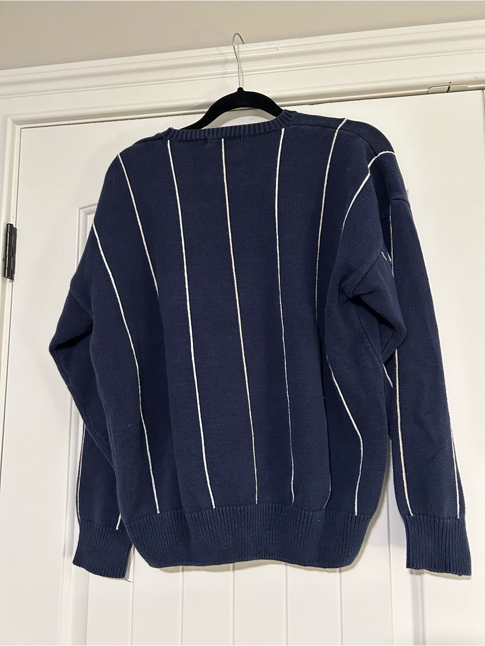 Navy Argyle Stripe Cotton Relaxed Fit Sweater Large - Picture 3 of 4